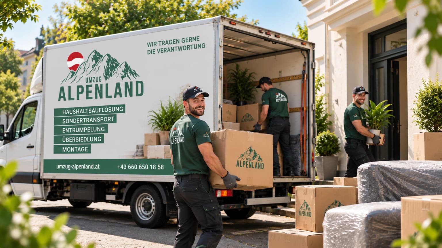 Team von Umzug Alpenland belädt den Umzugs-LKW vor einem Wohnhaus