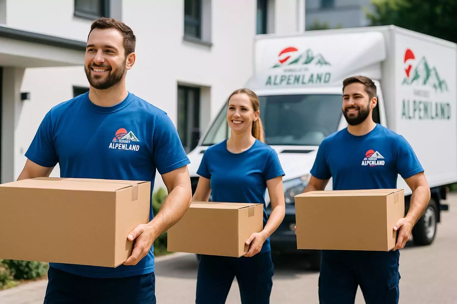 Umzugshelfer tragen Kartons zum Transporter