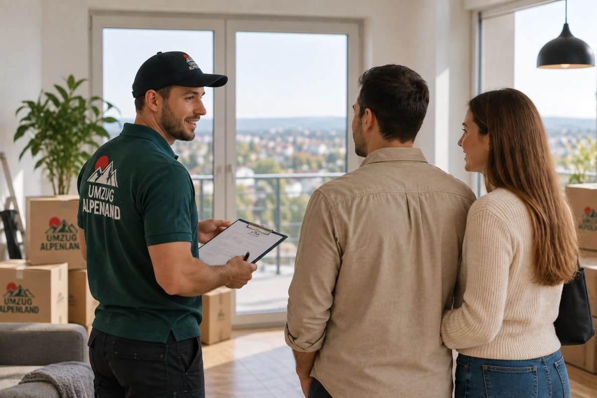 Berater von Umzug Alpenland bespricht den Umzug mit einem Paar in der neuen Wohnung